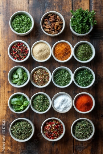 Variety of spices and herbs arranged in bowls on rustic wooden table