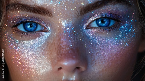 Stunning portrait of a young woman showcasing vibrant makeup and shimmering c...