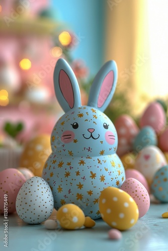 Cute bunny among colorful flowers and decorated eggs in a cheerful spring set...