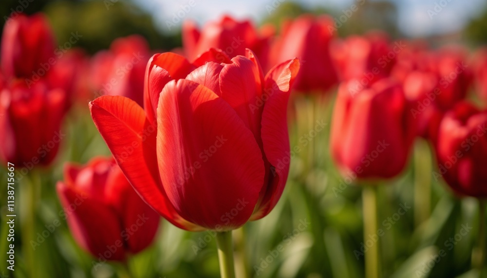 Striking Red Tulip in Perfect Bloom with Sunny Garden Background Striking Red Tulip in Perfect Bloom with Sunny Garden Background