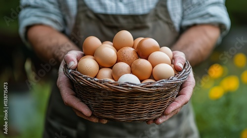 Farmer holds basket of freshly collected eggs in rural setting during daytime