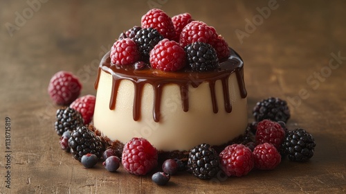 Decadent dessert topped with fresh berries set on a wooden table