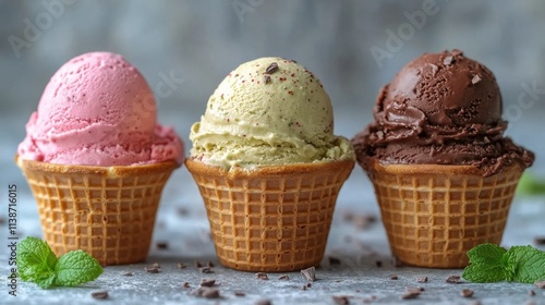 Colorful ice cream cones with vibrant flavors displayed on a gray background