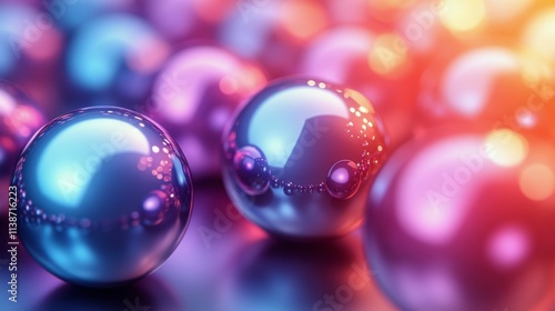 Colorful reflective spheres illuminated by vibrant light in a dynamic arrange...