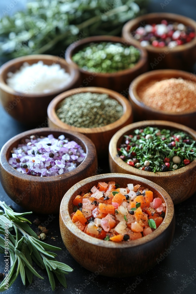 Variety of spices and herbs arranged in bowls on rustic wooden table Variety of spices and herbs arranged in bowls on rustic wooden table