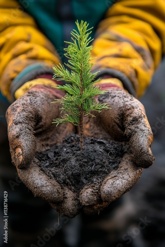 Person holds a small tree sapling in hands covered with soil during planting ...