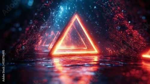 Vibrant neon triangles glowing in a dark reflective environment with water