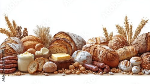 Assortment of fresh baked bread with butter, sausage, and grains on a wooden ...