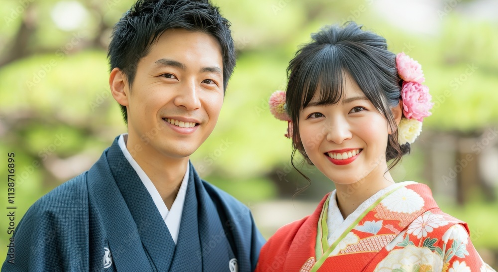 Japanese couple in traditional attire smiling in outdoor setting Japanese couple in traditional attire smiling in outdoor setting