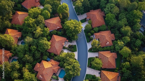 View of suburban neighborhood surrounded by lush greenery and winding roadways