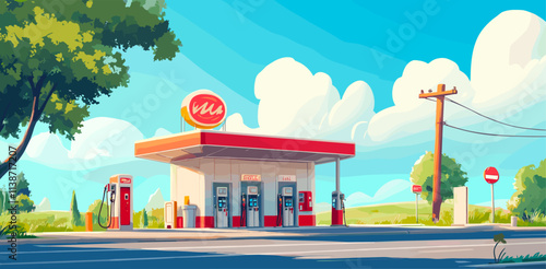 Gas station landscape. Petrol fuel filling station on empty road route way or highway, oil industry refilling service building petroleum refuel cartoon scenery vector illustration