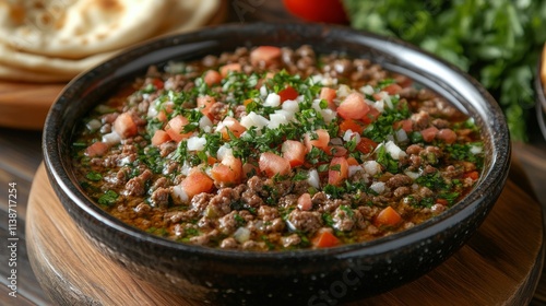 Flavorful traditional dish served with fresh herbs and bread on a wooden table