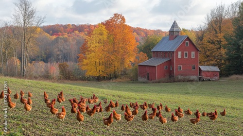 Chickens foraging in an autumn field near a rustic red barn surrounded by col...
