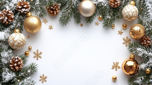 Festive golden ornaments and snowflakes among green pine branches during a wi...