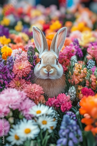 Rabbit among colorful flowers in a vibrant spring garden