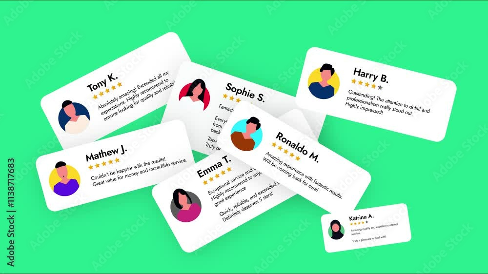 Customer Reviews card popups animation. Product or services testimonials overlapping popups animation. 4k Satisfied customer Review Card Concept Animation. Users feedback, footage