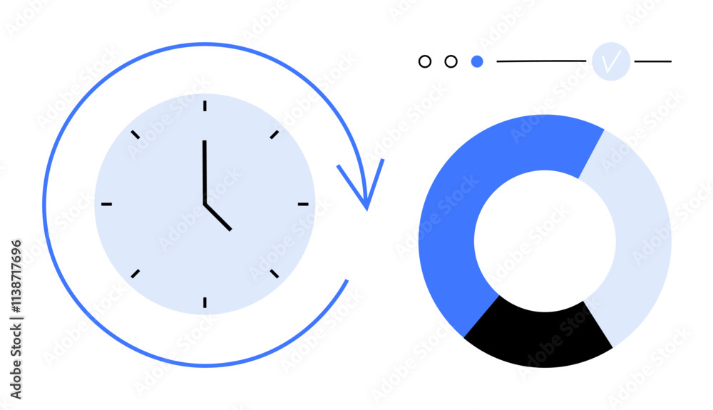 Clock with arrow and segmented progress pie chart in blue, black, and white. Ideal for time management, productivity, project tracking, analytics, goal setting efficiency monitoring. Line metaphor Clock with arrow and segmented progress pie chart in blue, black, and white. Ideal for time management, productivity, project tracking, analytics, goal setting efficiency monitoring. Line metaphor