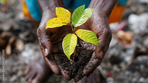 Hands holding a small evergreen tree seedling with soil in a forest setting