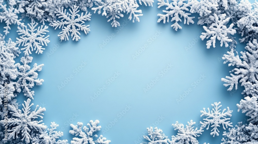 Winter wonderland background with snowflakes and pine branches on blue surface Winter wonderland background with snowflakes and pine branches on blue surface