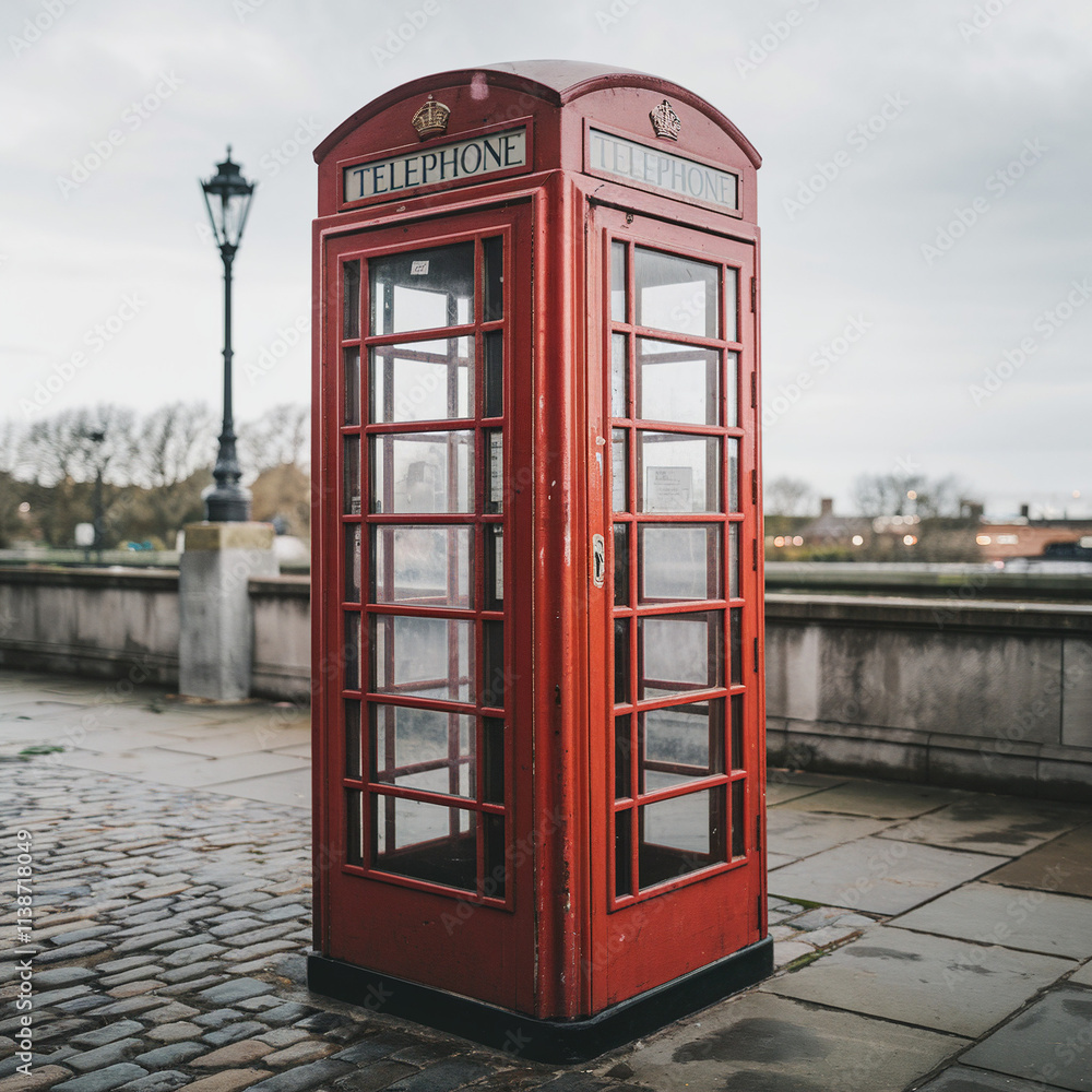 Classic Red British Telephone Booth on Cobblestones Classic Red British Telephone Booth on Cobblestones