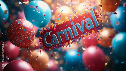 Colorful carnival celebration with balloons and confetti in bright lighting
