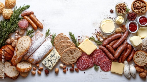 Assortment of fresh baked bread with butter, sausage, and grains on a wooden ...