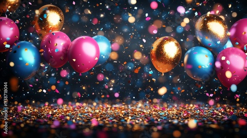 Colorful balloons and confetti create a festive atmosphere for celebration or...