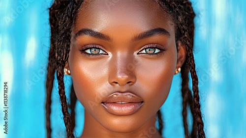 Close up of a young woman with dewy skin and striking blue eyes during natura...