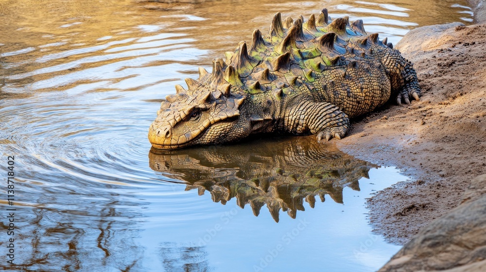 Obraz premium Armadillo lizard rests by water.