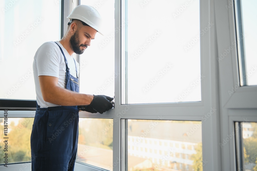 Construction worker installing window in house Construction worker installing window in house