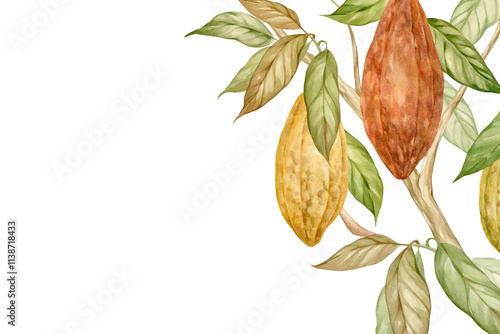 Cocoa fruits on branches with leaves. Watercolor illustration hand drawn and isolated photo