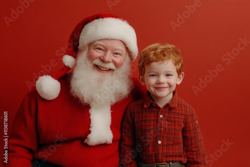 Isolated white toddler boy in holiday lap on red background. Lively yuletide, pretty toddler boy! copy space. Christmas cute portrait. Christmas design photo. Cute christmas red family.