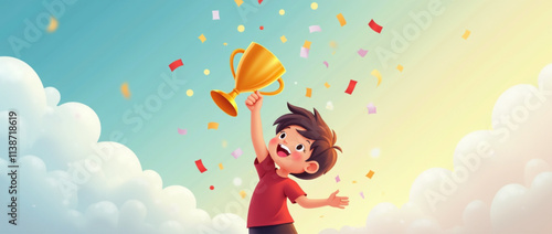 Child with a golden trophy in his hand. Beautiful sky background with clouds and confetti. Child winner. Vector illustration