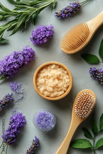 Lavender spa setting with bath salts and wooden brush on a mint green surface