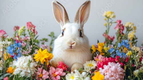 Cute rabbit surrounded by colorful flowers in a vibrant spring garden setting