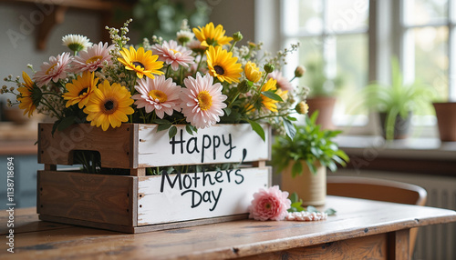 Colorful floral arrangement in a wooden crate with 
