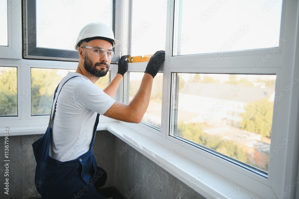 Workman in overalls installing or adjusting plastic windows in the living room at home Workman in overalls installing or adjusting plastic windows in the living room at home