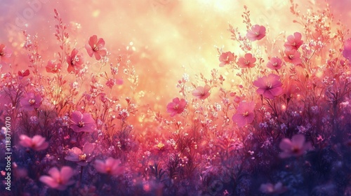 Vibrant floral landscape with colorful flowers under a bright blue sky during...