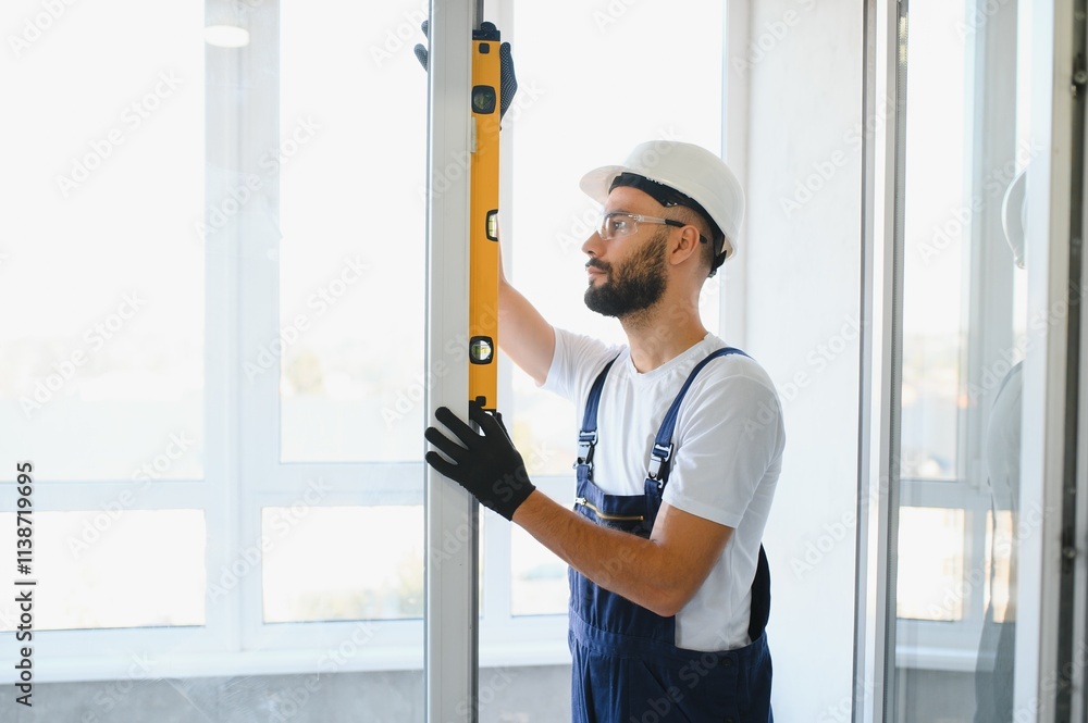 Construction worker repairing plastic window with screwdriver indoors, space for text. Construction worker repairing plastic window with screwdriver indoors, space for text.