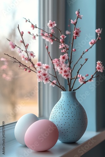 Decorative vase with cherry blossoms and pastel eggs on a window sill during ...