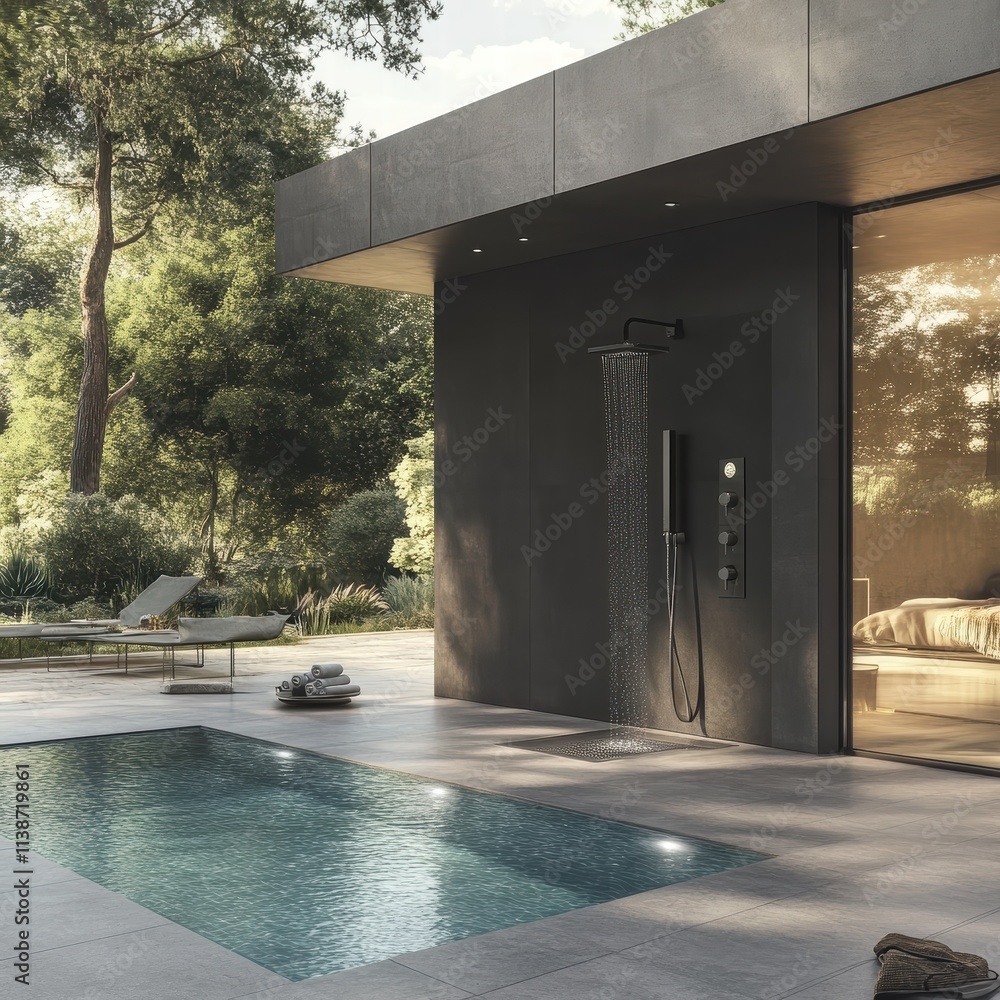 This inviting space features a sleek outdoor shower next to a tranquil pool, surrounded by lush greenery and modern architecture, creating a peaceful atmosphere This inviting space features a sleek outdoor shower next to a tranquil pool, surrounded by lush greenery and modern architecture, creating a peaceful atmosphere