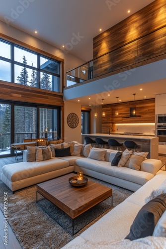 Modern living room design with large windows and cozy ambiance in mountain re...