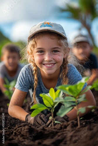 Children participating in community planting activity in lush green environment