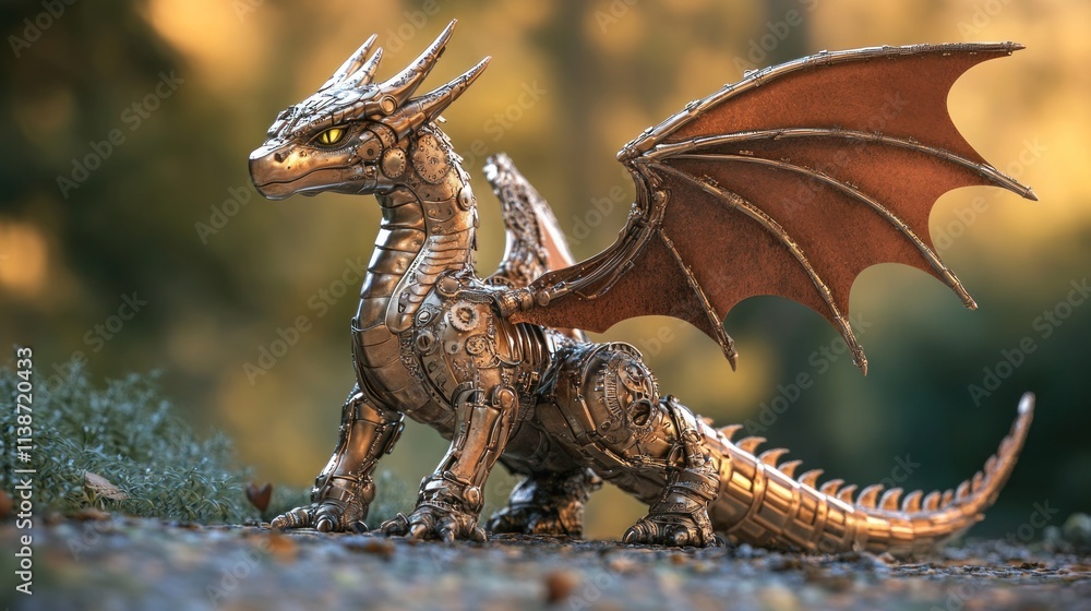 Obraz premium Steampunk mechanical dragon on ground.