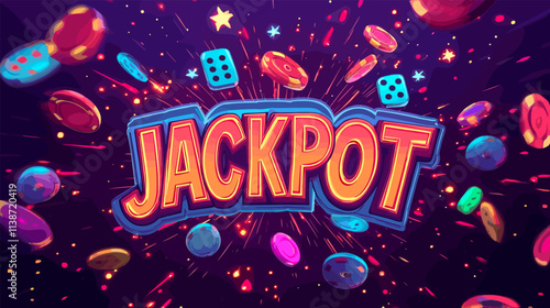 Jackpot banner. Casino winner cartoon background with falling play chips, spot gambling slots fortune wheel or poker cards game risk lucky player gamble win vector illustration
