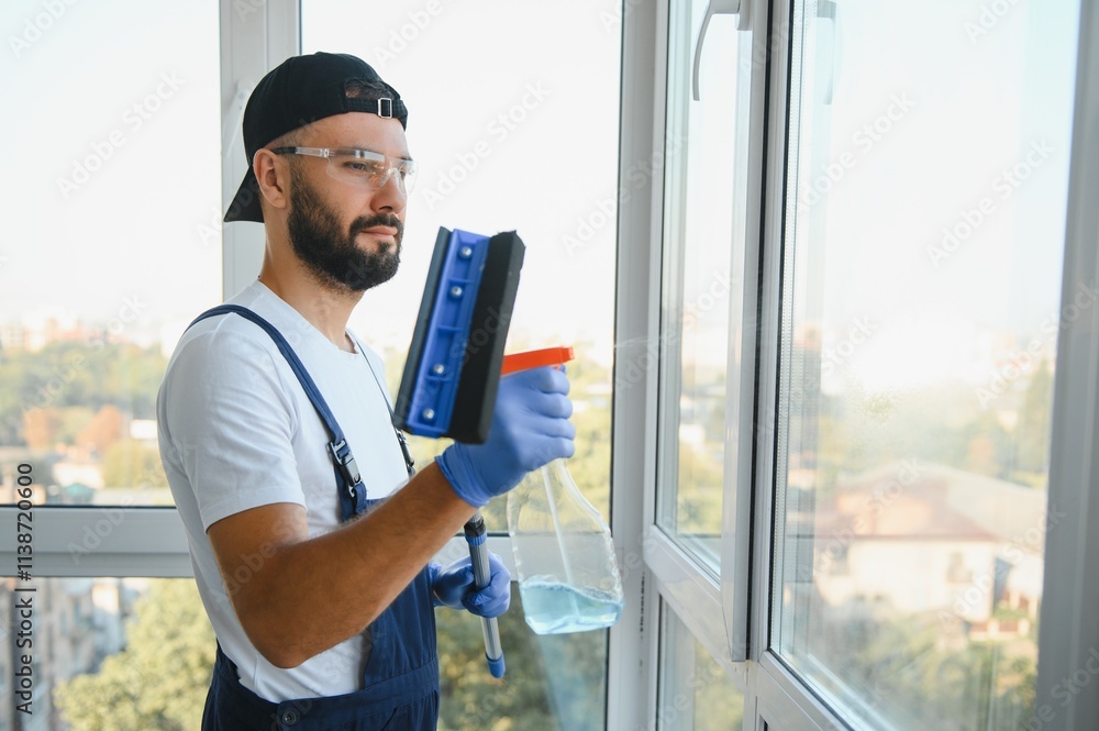 Caucasian handsome man, worker of cleaning service, in blue overalls and in a cap, blaser, Cleaning, washing Windows by special mop, enjoying his work. High quality photo Caucasian handsome man, worker of cleaning service, in blue overalls and in a cap, blaser, Cleaning, washing Windows by special mop, enjoying his work. High quality photo