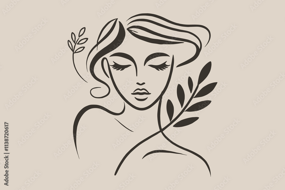 Minimalist line art portrait of a woman with flowers in black ink, logo, print, icon Minimalist line art portrait of a woman with flowers in black ink, logo, print, icon