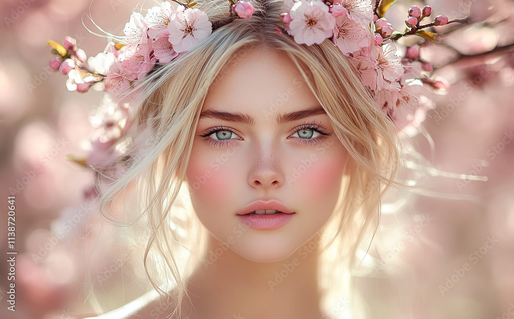 Fototapeta premium A beautiful blonde woman with a floral crown poses amid blooming cherry blossoms, soft pastel colors, and dreamy springtime vibes, with delicate details and natural light.