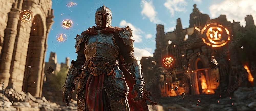 Fototapeta premium Knight in medieval ruins, magical orbs.