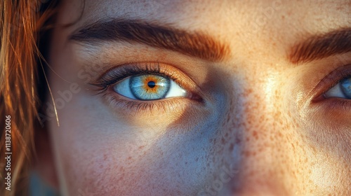 Close up of a young womans vibrant blue eyes with freckles and sunlit skin tones
